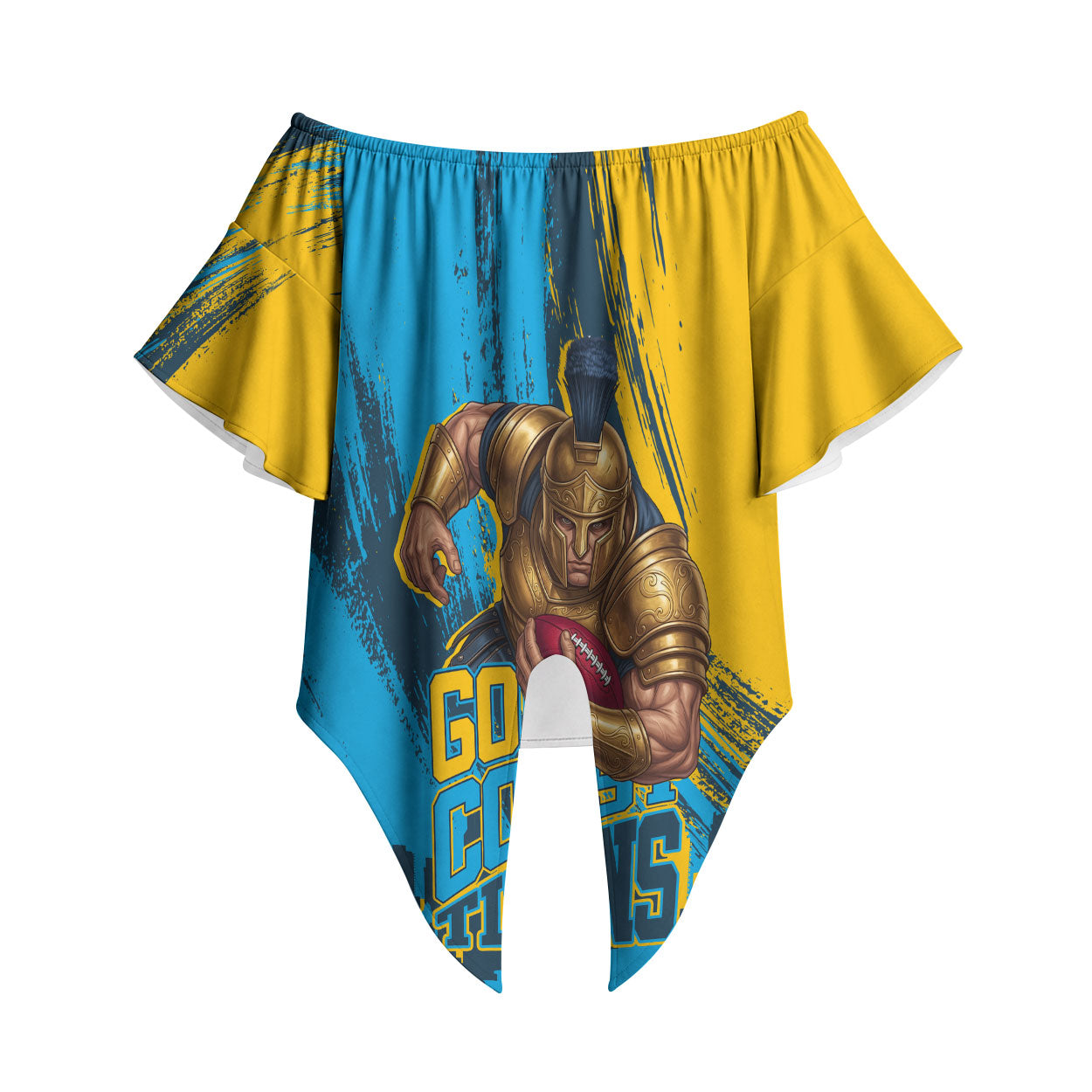 Personalised Gold Coast Titans Rugby Off Shoulder Wrap Waist Top Muscular Titan Mascot City Skyline Graphic