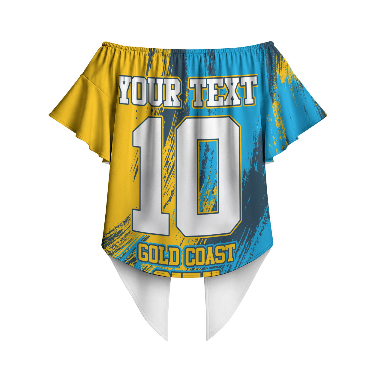 Personalised Gold Coast Titans Rugby Off Shoulder Wrap Waist Top Muscular Titan Mascot City Skyline Graphic