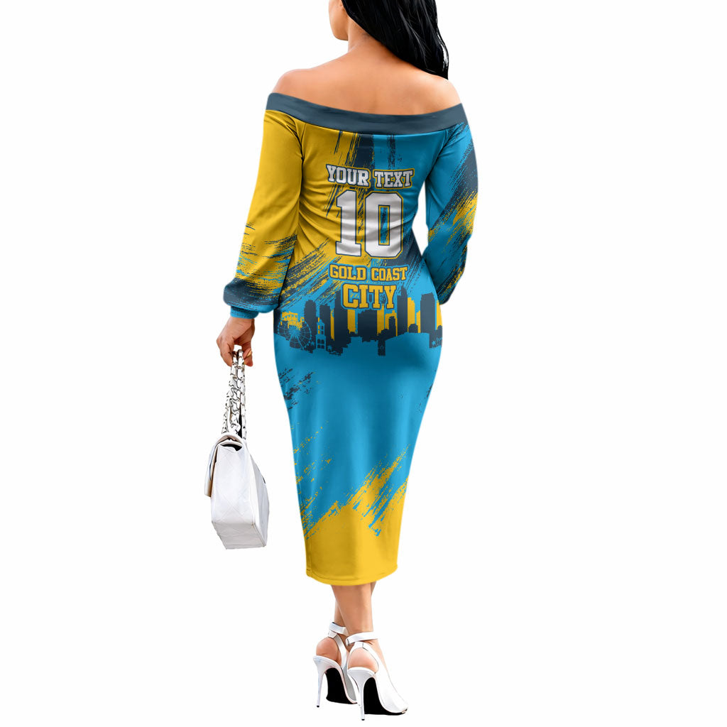 Personalised Gold Coast Titans Rugby Off The Shoulder Long Sleeve Dress Muscular Titan Mascot City Skyline Graphic