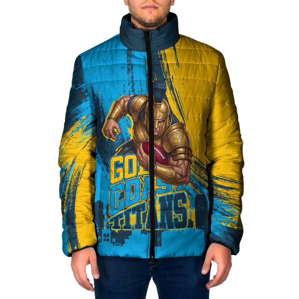 Personalised Gold Coast Titans Rugby Padded Jacket Muscular Titan Mascot City Skyline Graphic