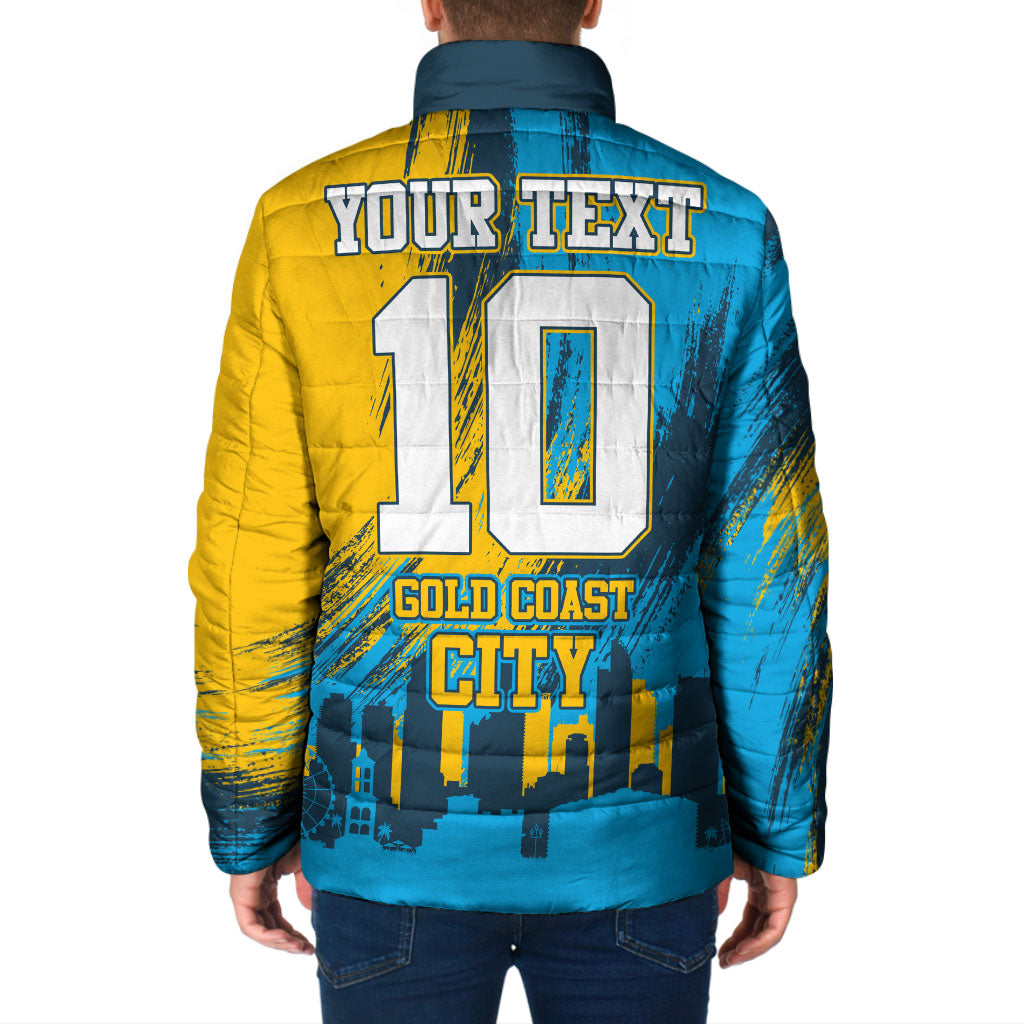 Personalised Gold Coast Titans Rugby Padded Jacket Muscular Titan Mascot City Skyline Graphic