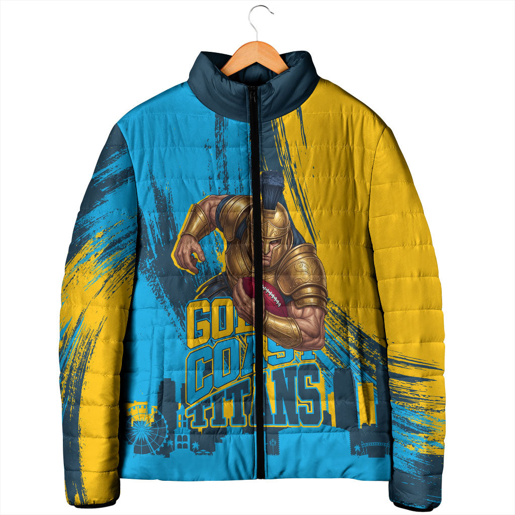 Personalised Gold Coast Titans Rugby Padded Jacket Muscular Titan Mascot City Skyline Graphic