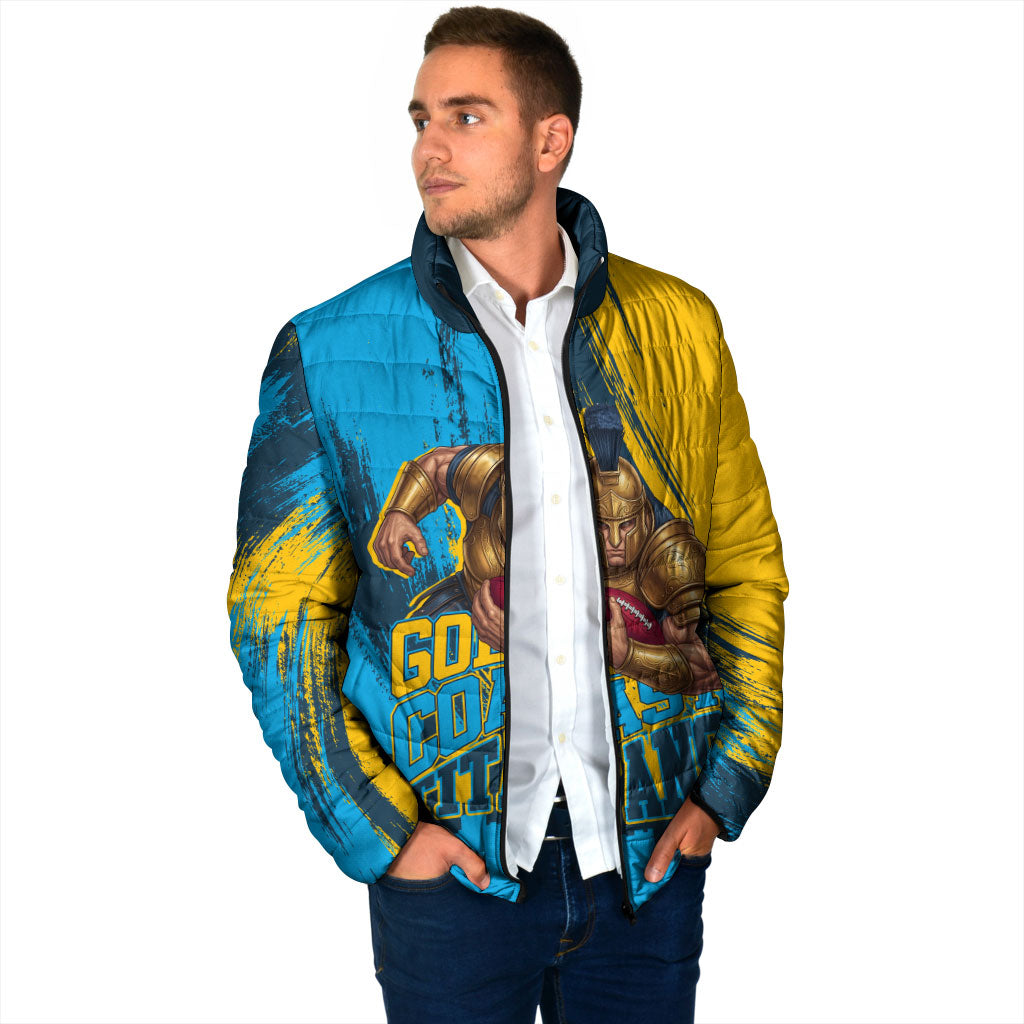 Personalised Gold Coast Titans Rugby Padded Jacket Muscular Titan Mascot City Skyline Graphic