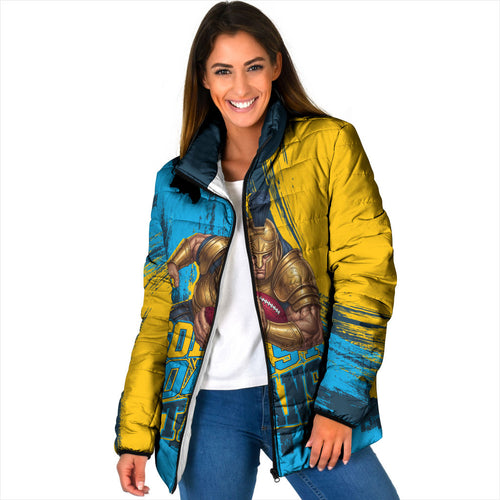 Personalised Gold Coast Titans Rugby Padded Jacket Muscular Titan Mascot City Skyline Graphic