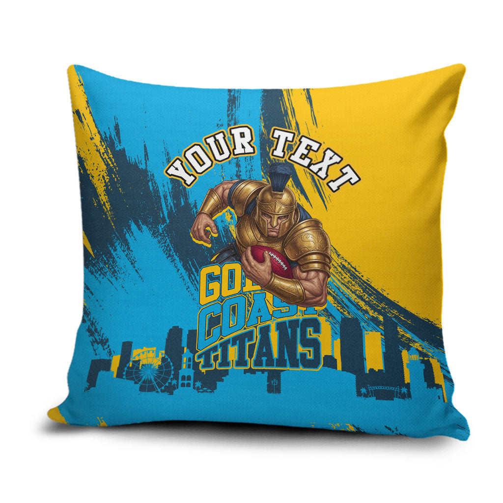 Personalised Gold Coast Titans Rugby Pillow Cover Muscular Titan Mascot City Skyline Graphic