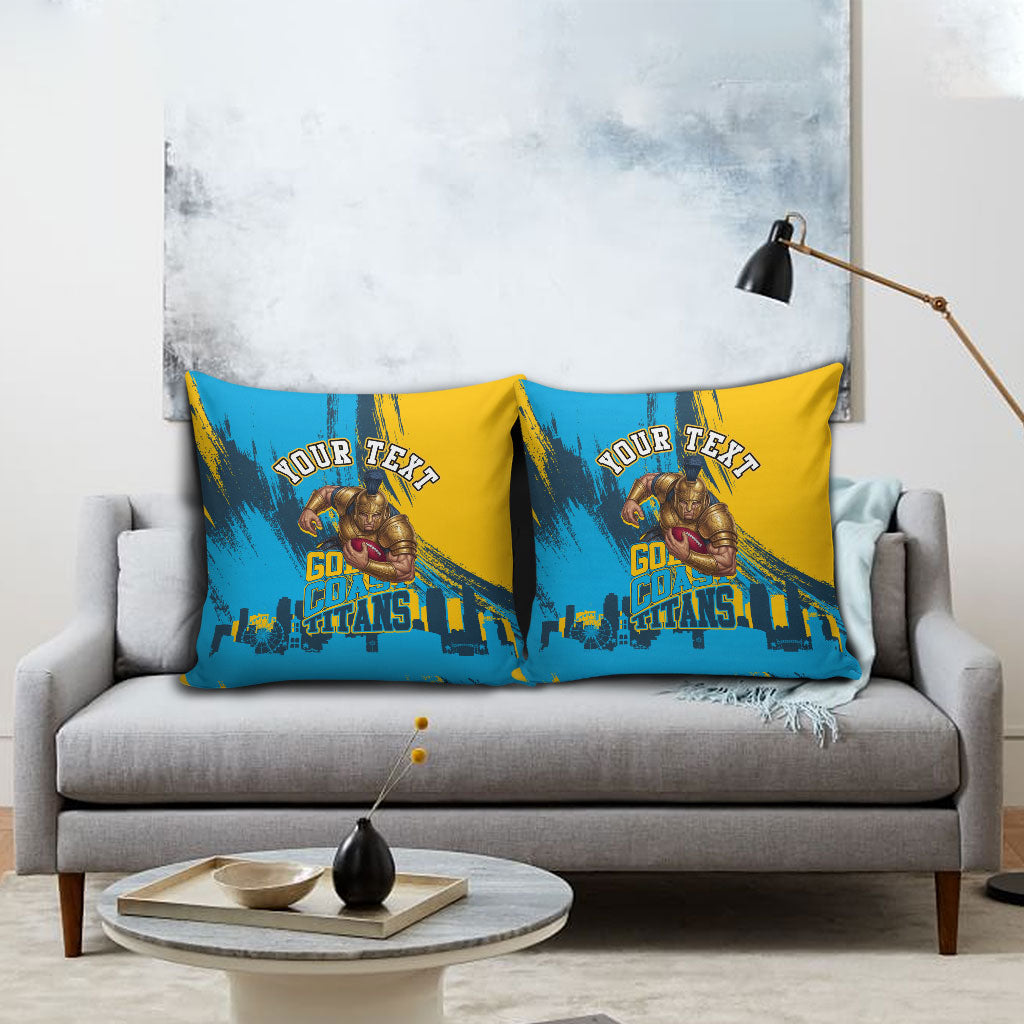 Personalised Gold Coast Titans Rugby Pillow Cover Muscular Titan Mascot City Skyline Graphic