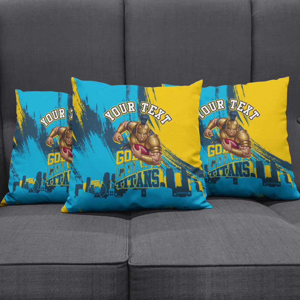 Personalised Gold Coast Titans Rugby Pillow Cover Muscular Titan Mascot City Skyline Graphic