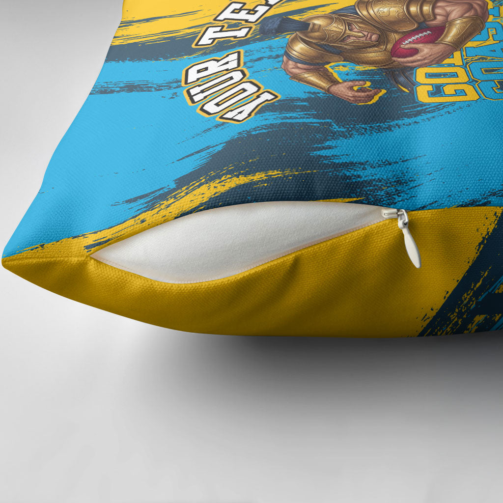 Personalised Gold Coast Titans Rugby Pillow Cover Muscular Titan Mascot City Skyline Graphic