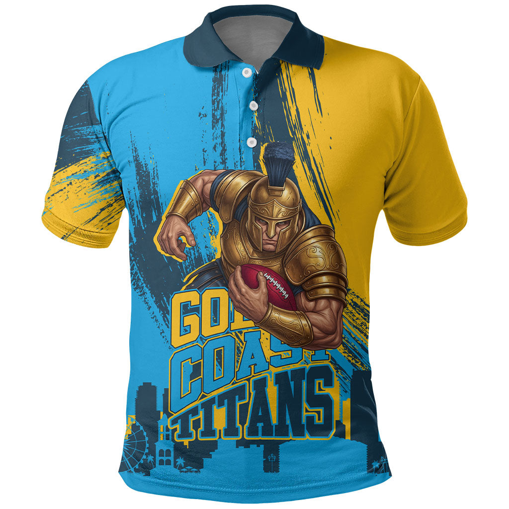 Personalised Gold Coast Titans Rugby Polo Shirt Muscular Titan Mascot City Skyline Graphic