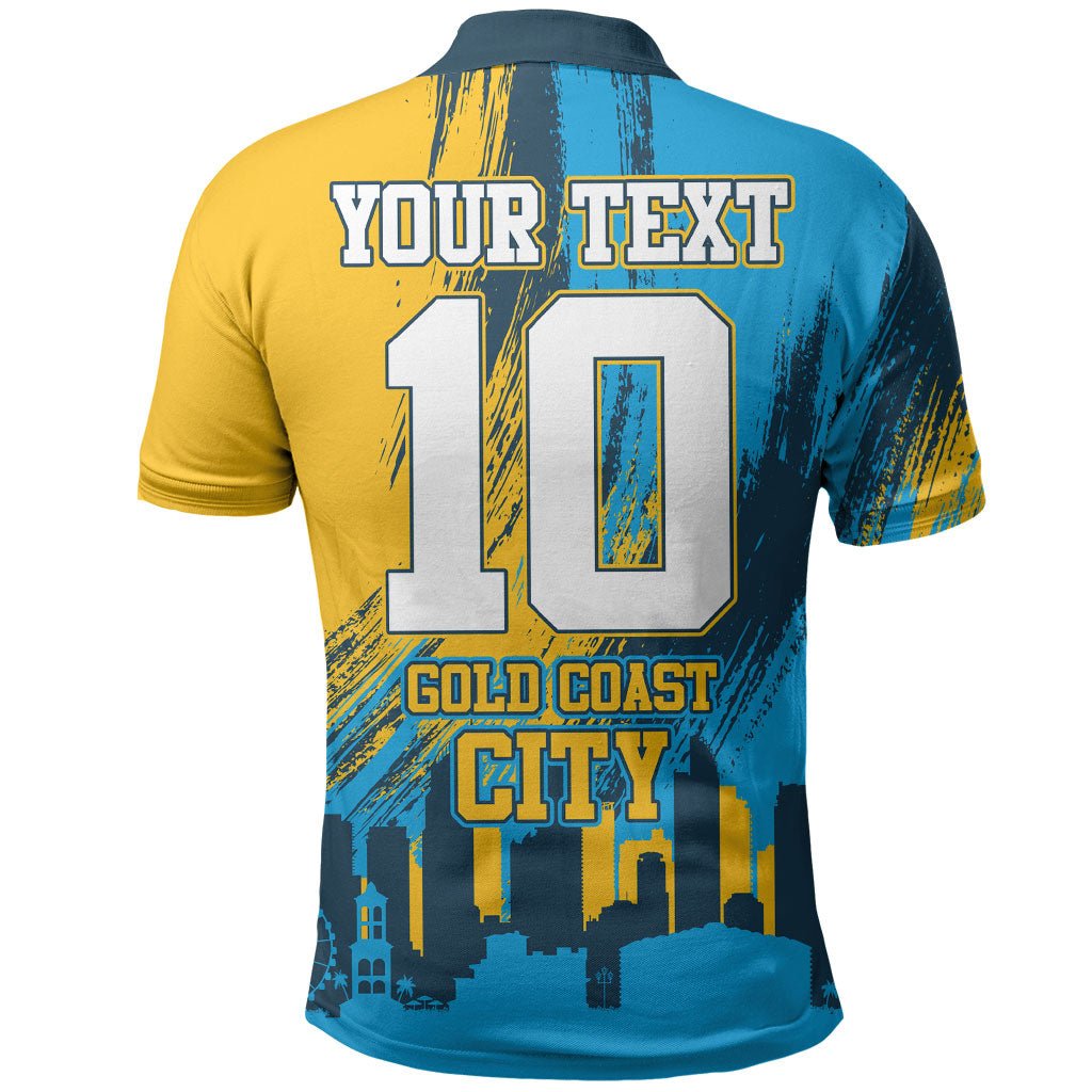Personalised Gold Coast Titans Rugby Polo Shirt Muscular Titan Mascot City Skyline Graphic