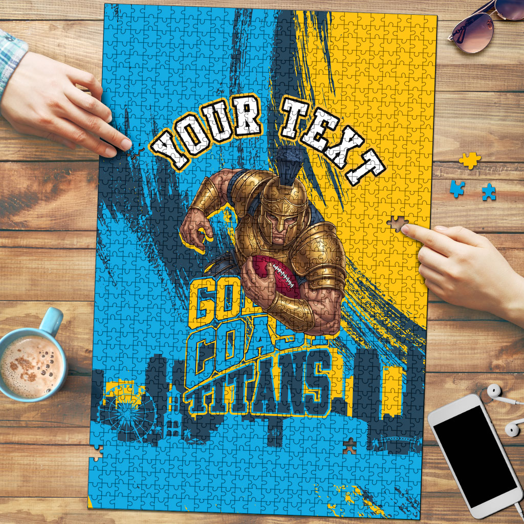 Personalised Gold Coast Titans Rugby Puzzle Muscular Titan Mascot City Skyline Graphic