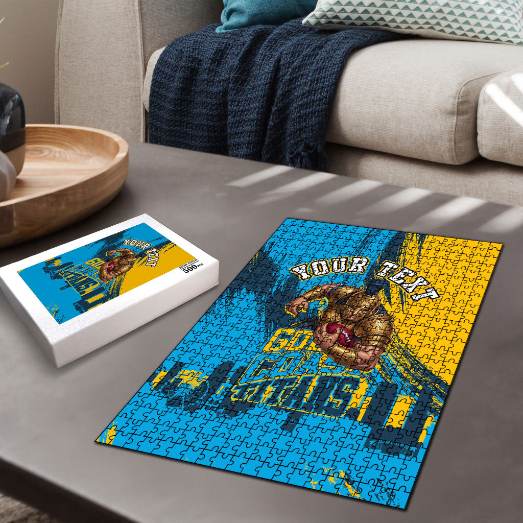 Personalised Gold Coast Titans Rugby Puzzle Muscular Titan Mascot City Skyline Graphic