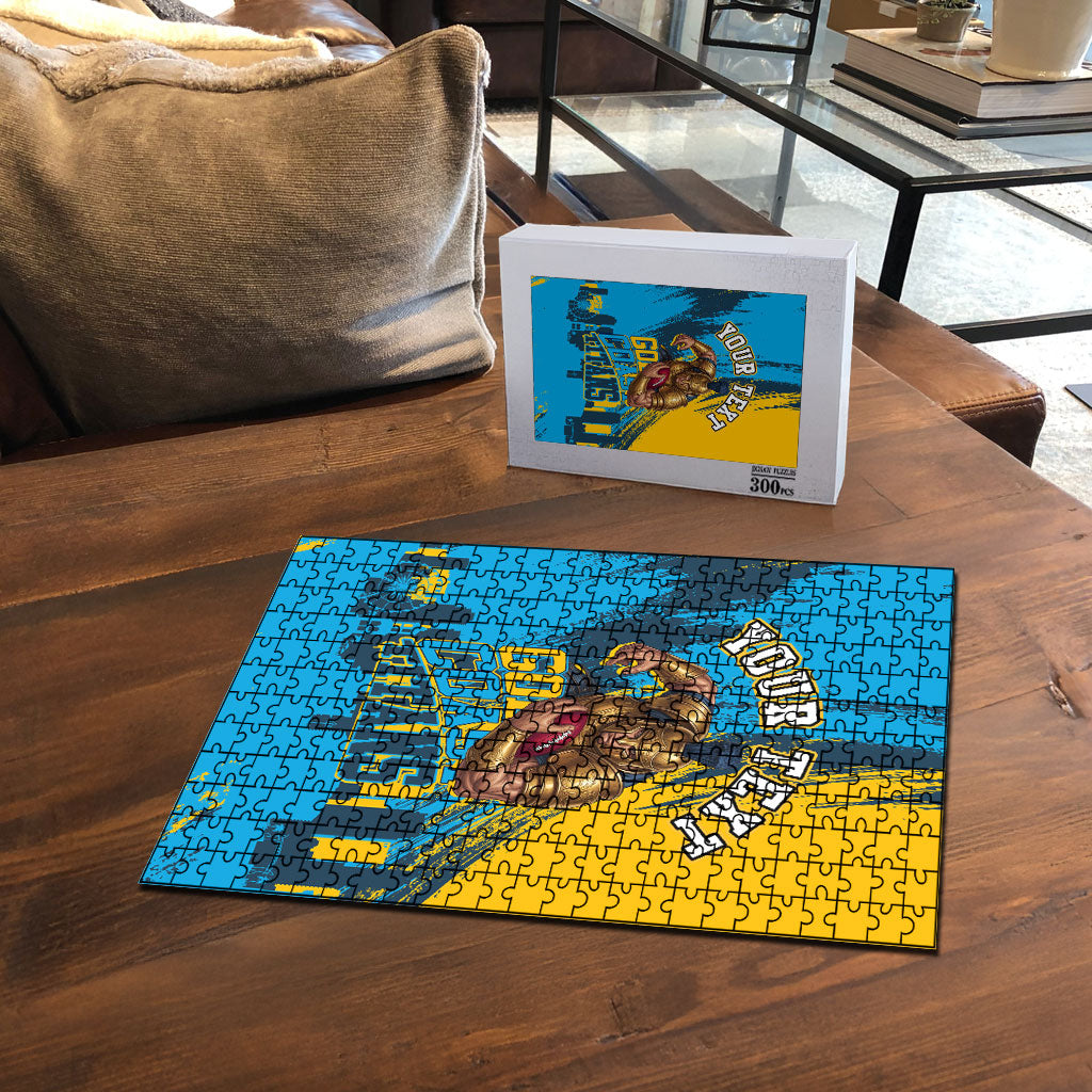 Personalised Gold Coast Titans Rugby Puzzle Muscular Titan Mascot City Skyline Graphic