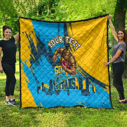 Personalised Gold Coast Titans Rugby Quilt Muscular Titan Mascot City Skyline Graphic