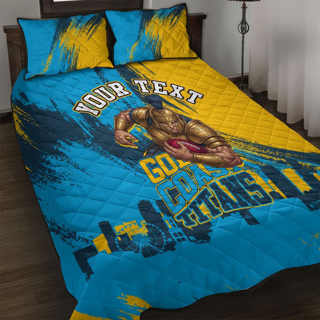 Personalised Gold Coast Titans Rugby Quilt Bed Set Muscular Titan Mascot City Skyline Graphic