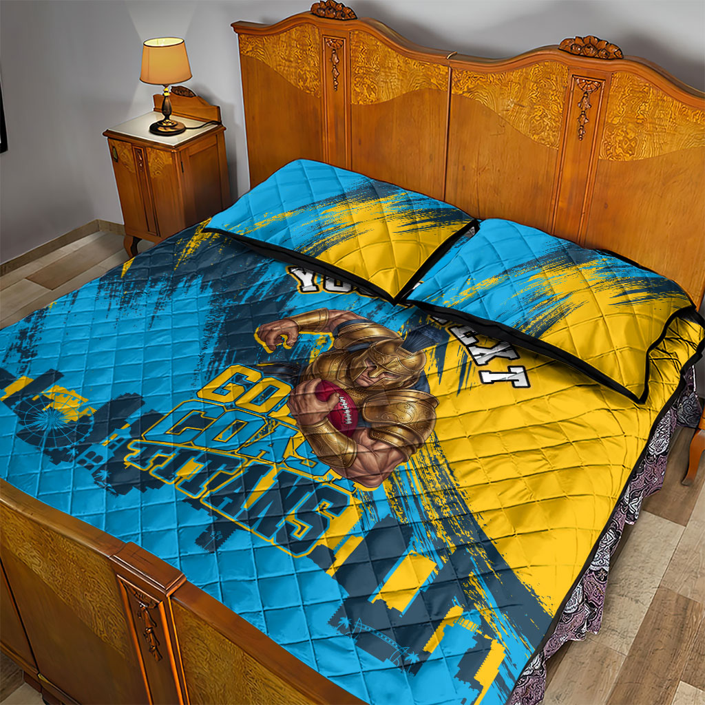 Personalised Gold Coast Titans Rugby Quilt Bed Set Muscular Titan Mascot City Skyline Graphic
