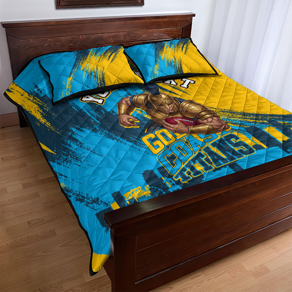 Personalised Gold Coast Titans Rugby Quilt Bed Set Muscular Titan Mascot City Skyline Graphic
