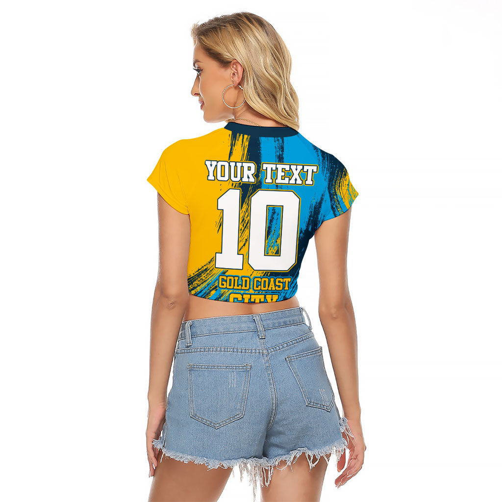 Personalised Gold Coast Titans Rugby Raglan Cropped T Shirt Muscular Titan Mascot City Skyline Graphic