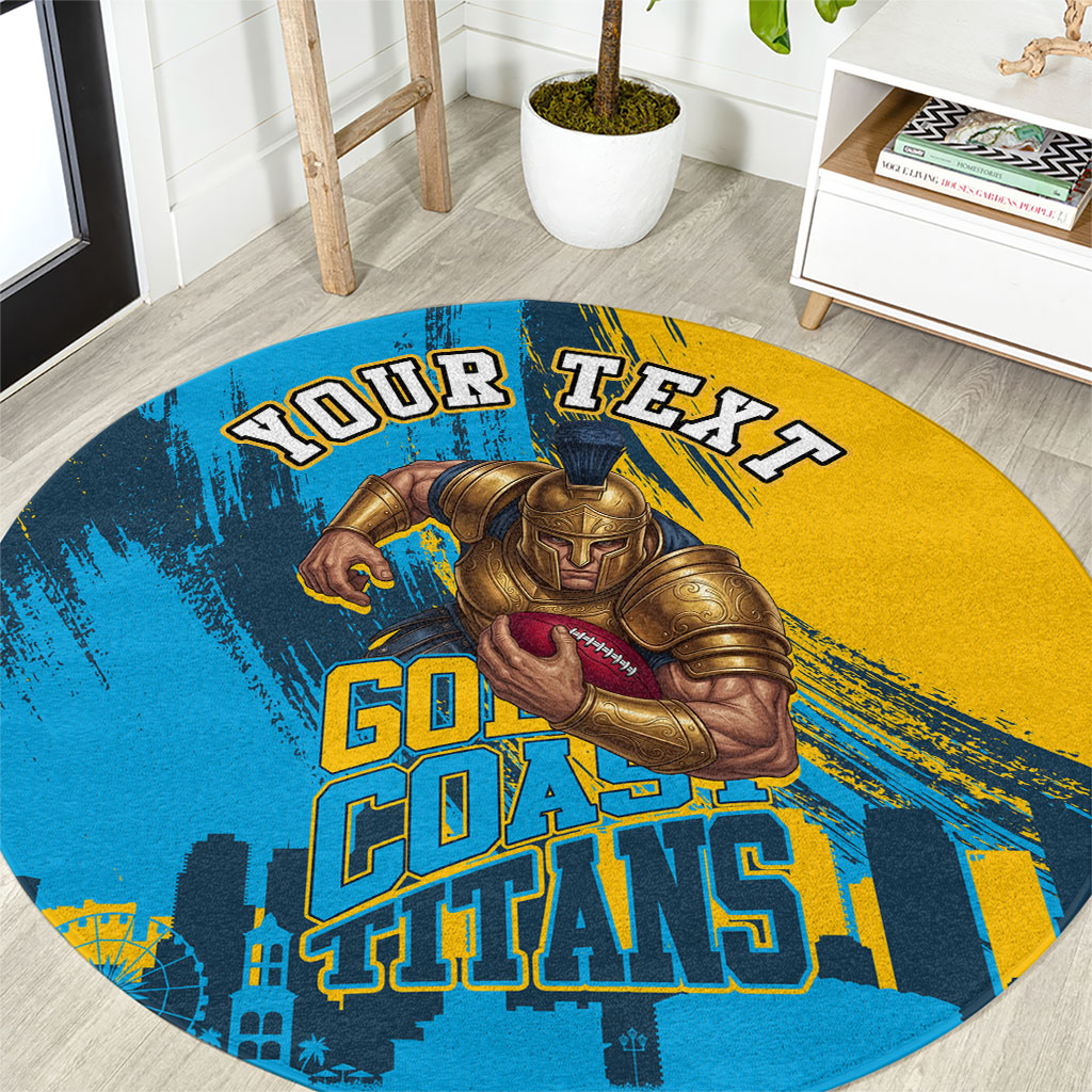Personalised Gold Coast Titans Rugby Round Carpet Muscular Titan Mascot City Skyline Graphic