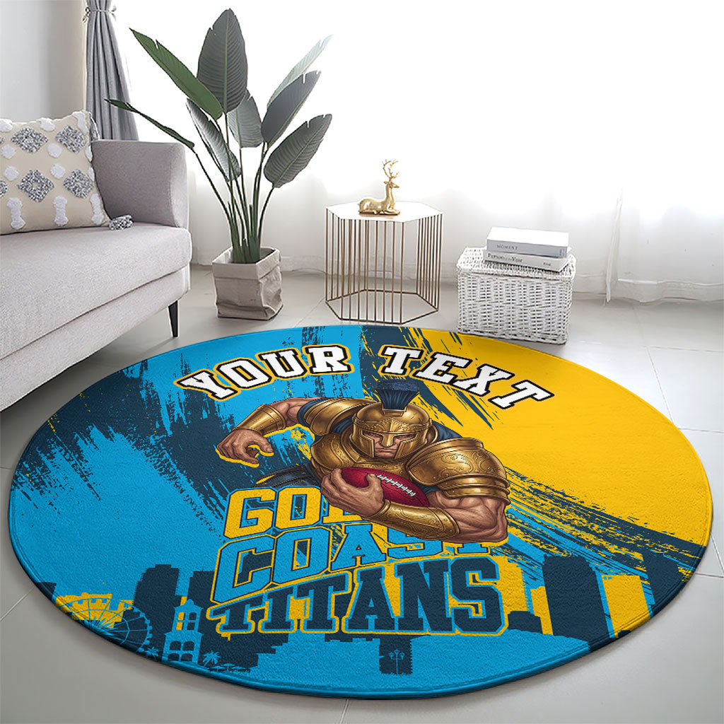 Personalised Gold Coast Titans Rugby Round Carpet Muscular Titan Mascot City Skyline Graphic
