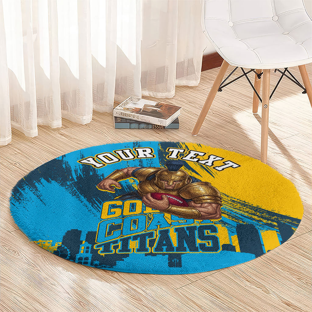 Personalised Gold Coast Titans Rugby Round Carpet Muscular Titan Mascot City Skyline Graphic