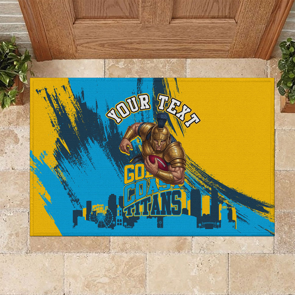 Personalised Gold Coast Titans Rugby Rubber Doormat Muscular Titan Mascot City Skyline Graphic