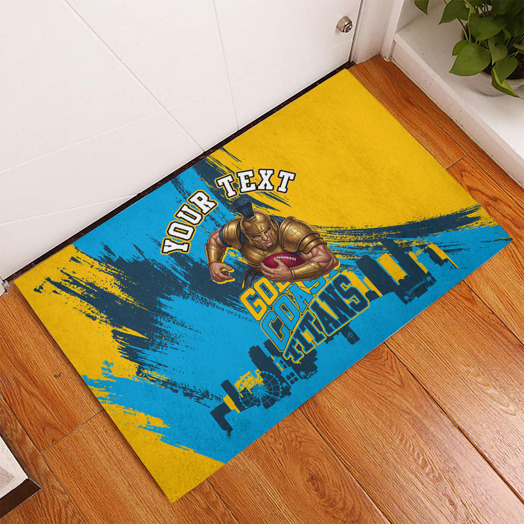 Personalised Gold Coast Titans Rugby Rubber Doormat Muscular Titan Mascot City Skyline Graphic