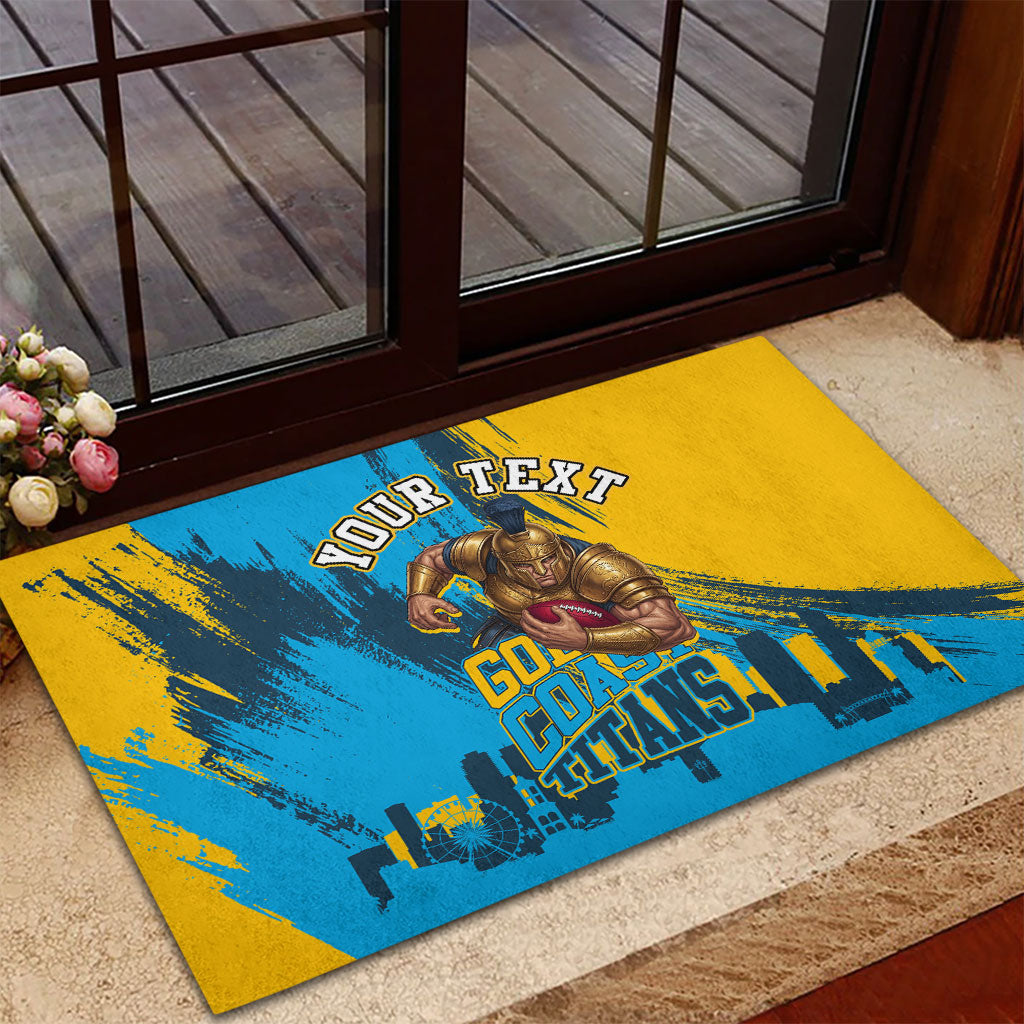 Personalised Gold Coast Titans Rugby Rubber Doormat Muscular Titan Mascot City Skyline Graphic