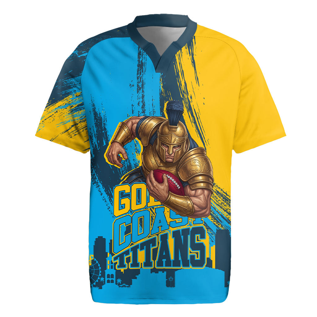 Personalised Gold Coast Titans Rugby Rugby Jersey Muscular Titan Mascot City Skyline Graphic