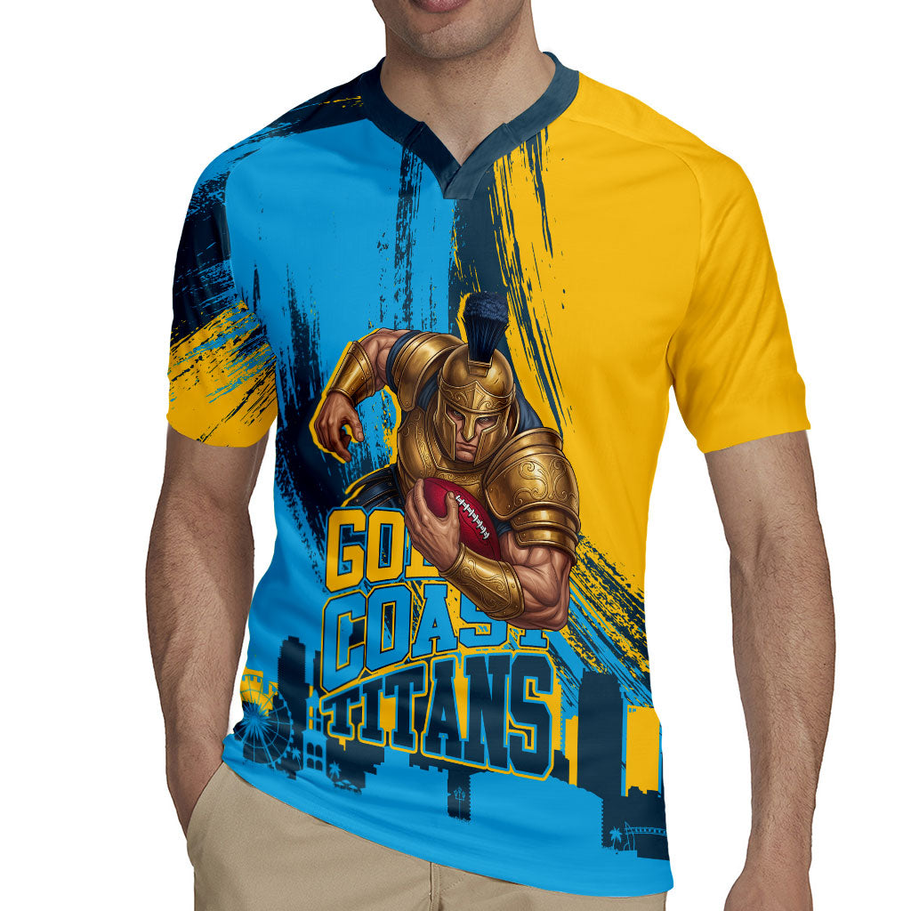 Personalised Gold Coast Titans Rugby Rugby Jersey Muscular Titan Mascot City Skyline Graphic