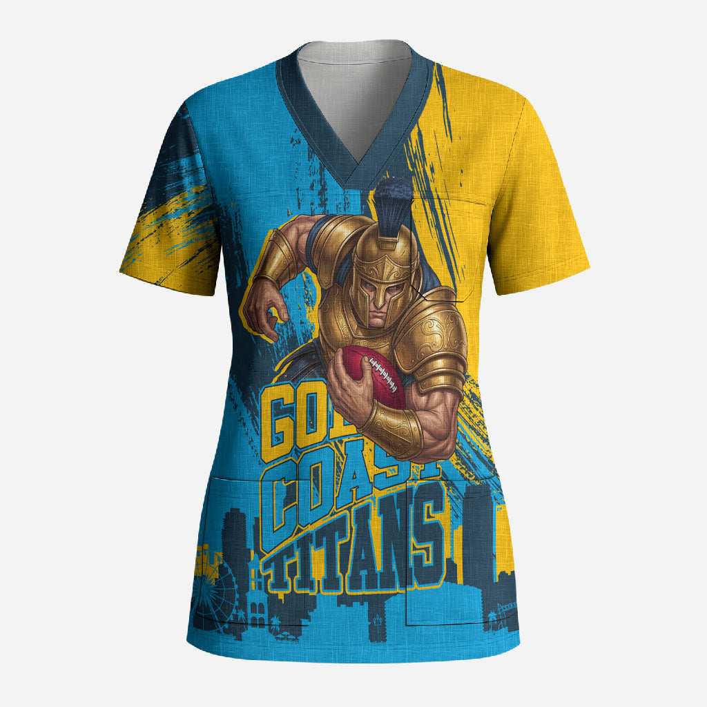 Personalised Gold Coast Titans Rugby Scrub Top Muscular Titan Mascot City Skyline Graphic