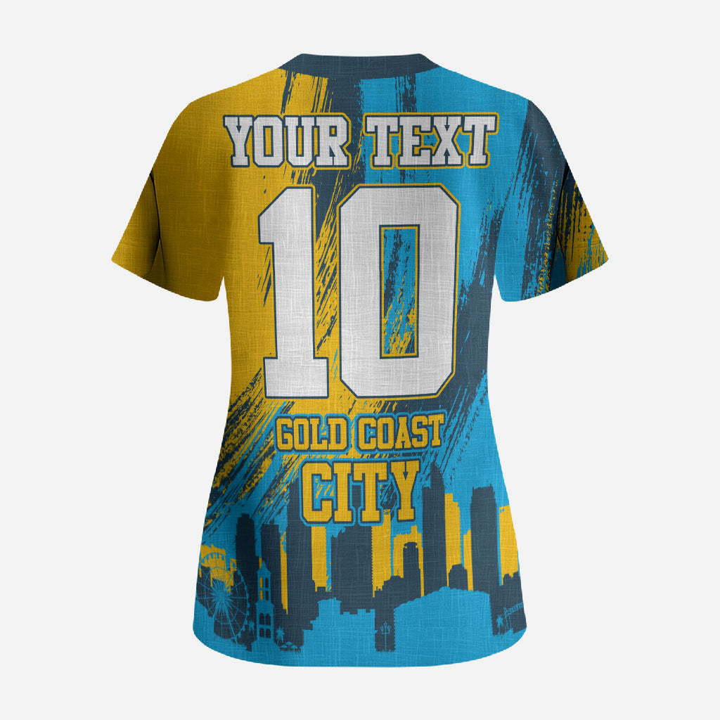 Personalised Gold Coast Titans Rugby Scrub Top Muscular Titan Mascot City Skyline Graphic