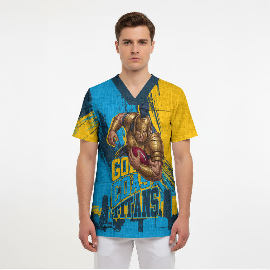 Personalised Gold Coast Titans Rugby Scrub Top Muscular Titan Mascot City Skyline Graphic