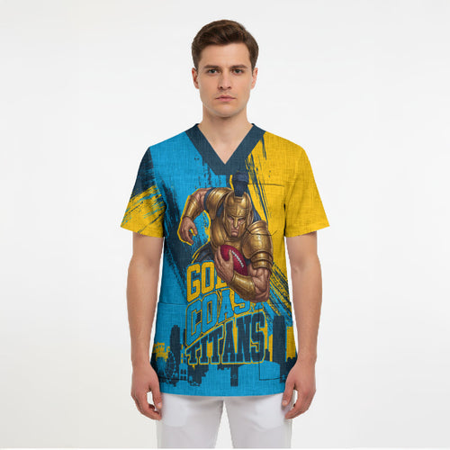 Personalised Gold Coast Titans Rugby Scrub Top Muscular Titan Mascot City Skyline Graphic