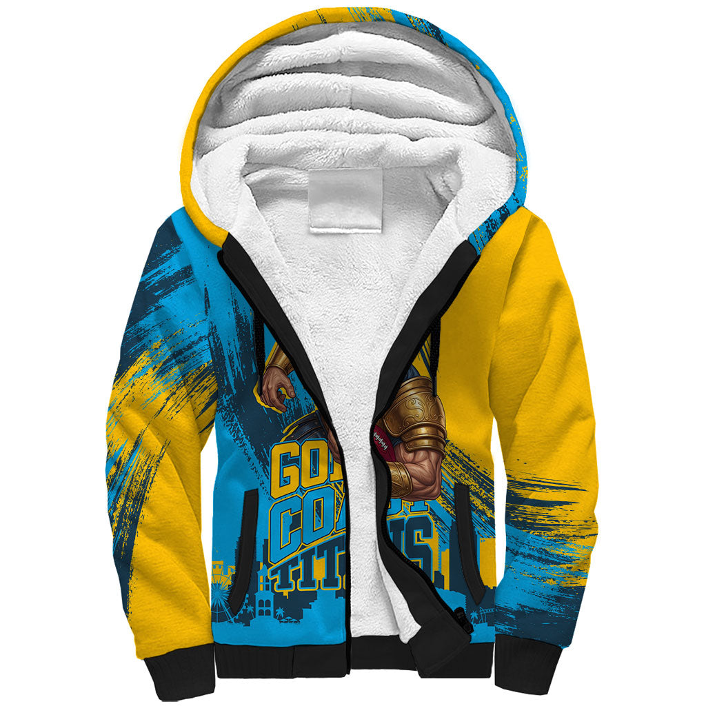 Personalised Gold Coast Titans Rugby Sherpa Hoodie Muscular Titan Mascot City Skyline Graphic