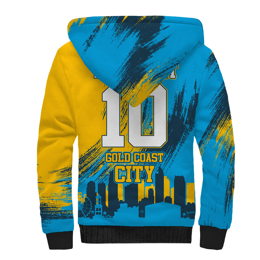 Personalised Gold Coast Titans Rugby Sherpa Hoodie Muscular Titan Mascot City Skyline Graphic
