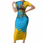 Personalised Gold Coast Titans Rugby Short Sleeve Bodycon Dress Muscular Titan Mascot City Skyline Graphic