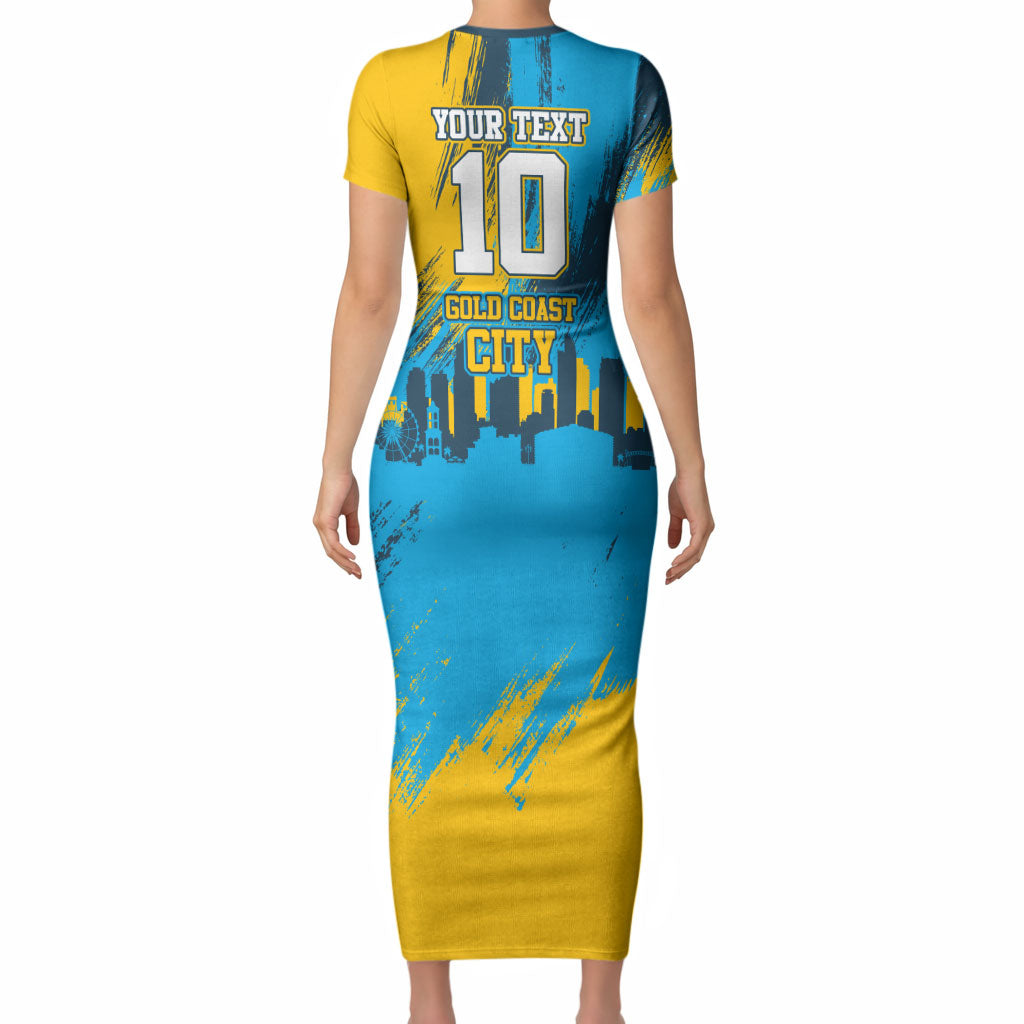 Personalised Gold Coast Titans Rugby Short Sleeve Bodycon Dress Muscular Titan Mascot City Skyline Graphic