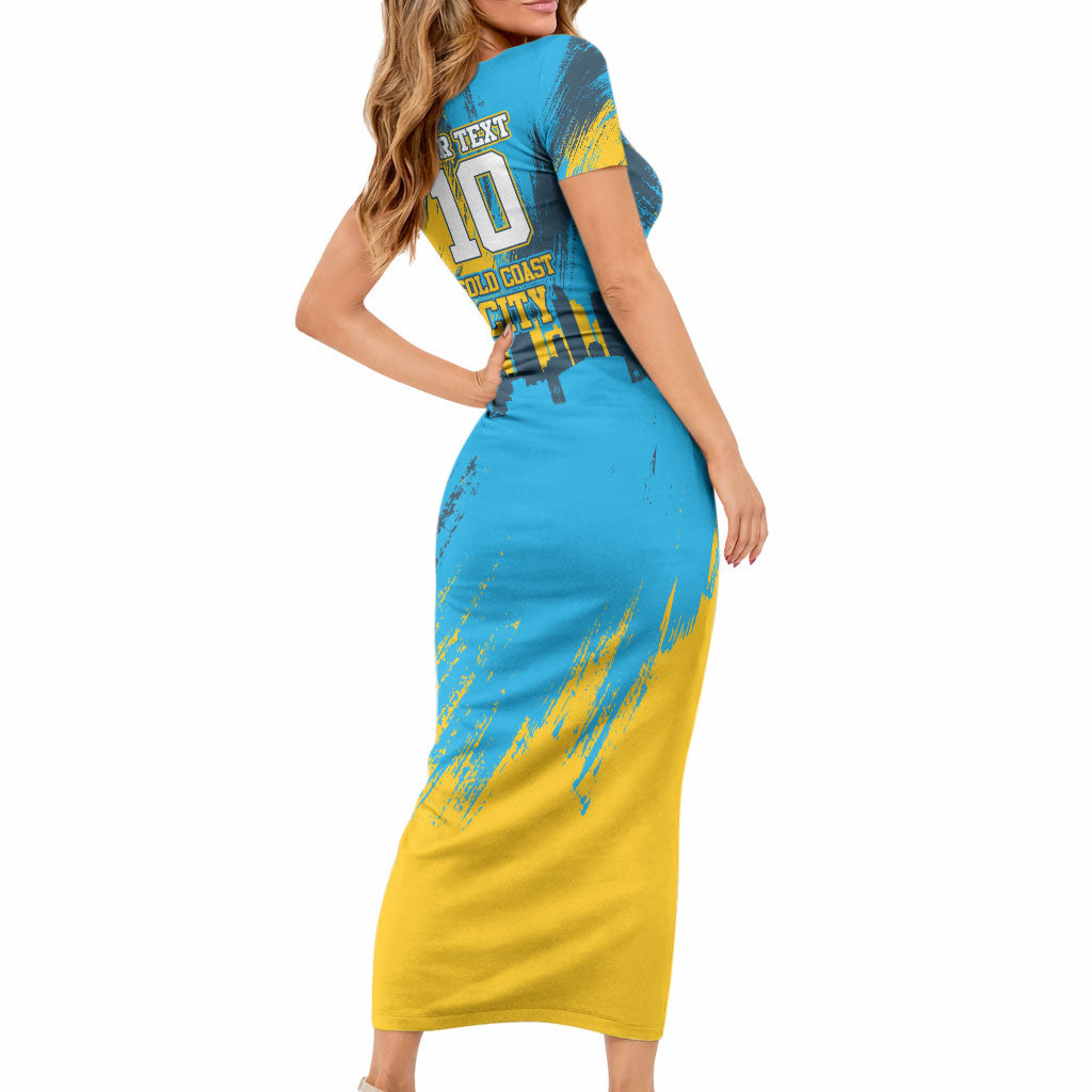 Personalised Gold Coast Titans Rugby Short Sleeve Bodycon Dress Muscular Titan Mascot City Skyline Graphic