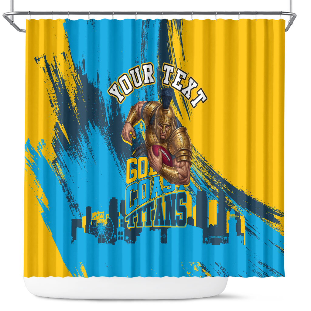 Personalised Gold Coast Titans Rugby Shower Curtain Muscular Titan Mascot City Skyline Graphic