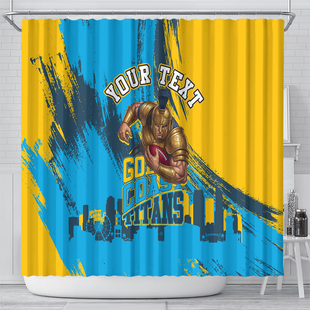 Personalised Gold Coast Titans Rugby Shower Curtain Muscular Titan Mascot City Skyline Graphic