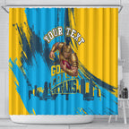 Personalised Gold Coast Titans Rugby Shower Curtain Muscular Titan Mascot City Skyline Graphic