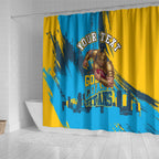 Personalised Gold Coast Titans Rugby Shower Curtain Muscular Titan Mascot City Skyline Graphic