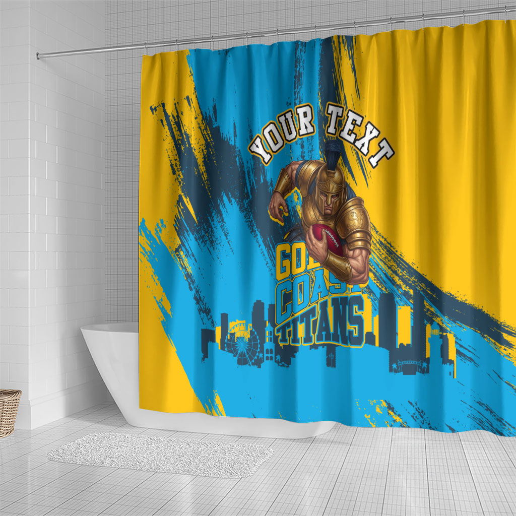 Personalised Gold Coast Titans Rugby Shower Curtain Muscular Titan Mascot City Skyline Graphic
