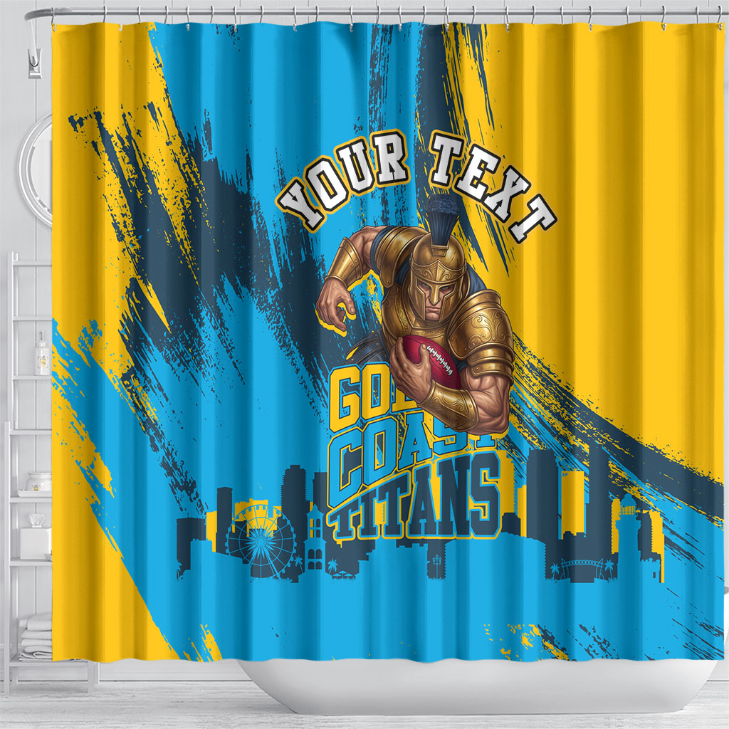 Personalised Gold Coast Titans Rugby Shower Curtain Muscular Titan Mascot City Skyline Graphic