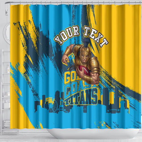Personalised Gold Coast Titans Rugby Shower Curtain Muscular Titan Mascot City Skyline Graphic
