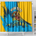Personalised Gold Coast Titans Rugby Shower Curtain Muscular Titan Mascot City Skyline Graphic
