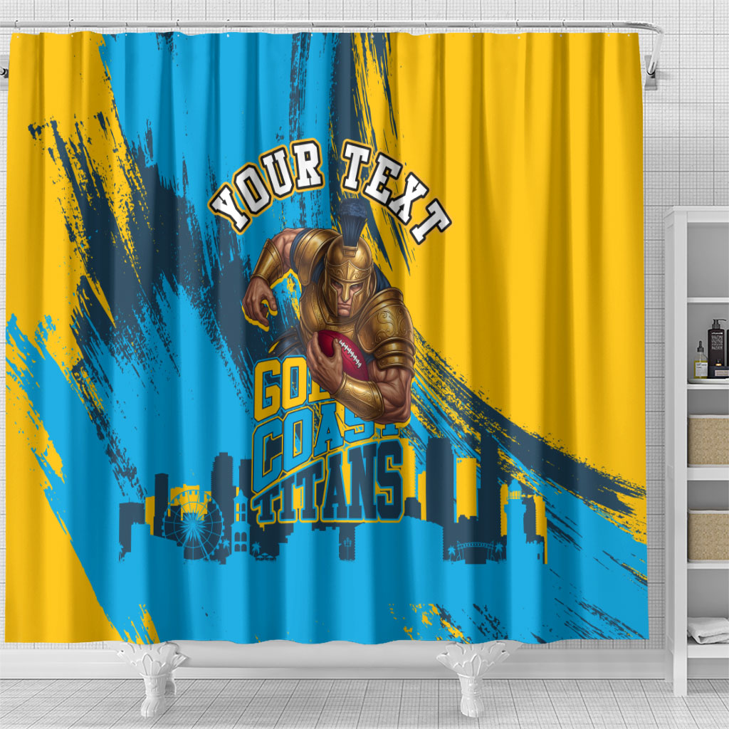 Personalised Gold Coast Titans Rugby Shower Curtain Muscular Titan Mascot City Skyline Graphic