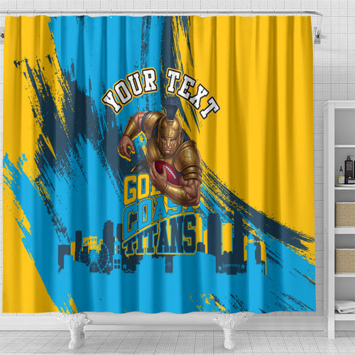 Personalised Gold Coast Titans Rugby Shower Curtain Muscular Titan Mascot City Skyline Graphic