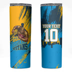 Personalised Gold Coast Titans Rugby Skinny Tumbler Muscular Titan Mascot City Skyline Graphic